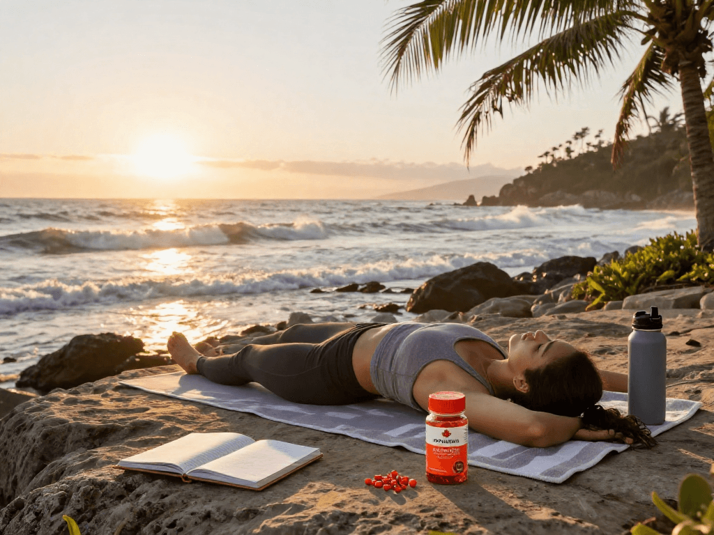 Health enthusiast practicing yoga on a beach at sunrise, promoting Canadian astaxanthin brand health benefits.