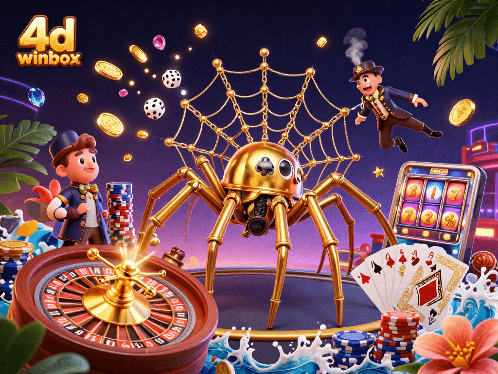Experience excitement with 4d winbox as dice are caught in a golden spider's web in this vivid illustration.