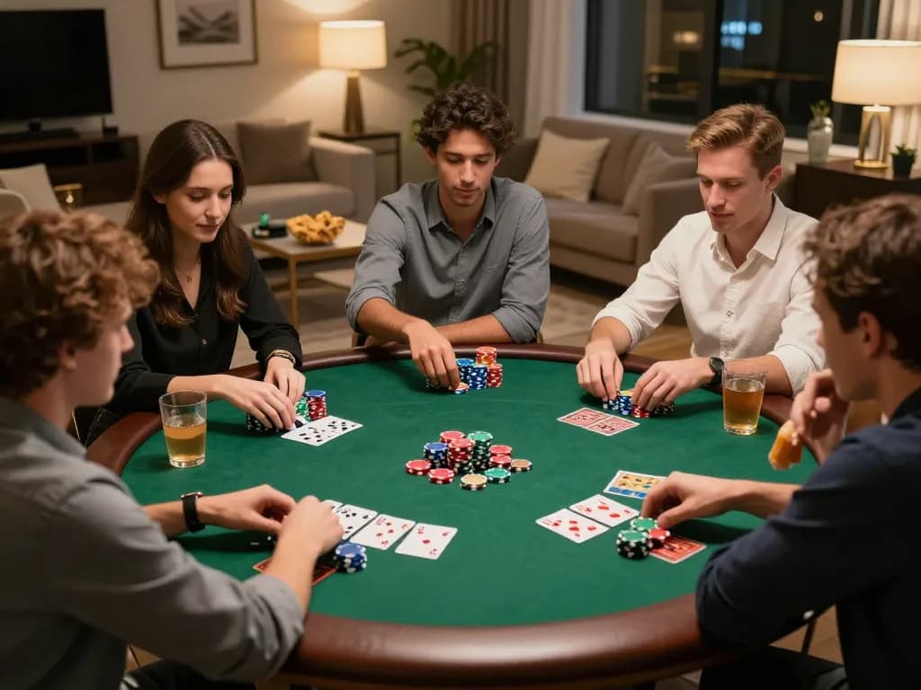 Friends intensely strategizing and enjoying poker night while playing slot gacor 777 in a cozy home atmosphere.