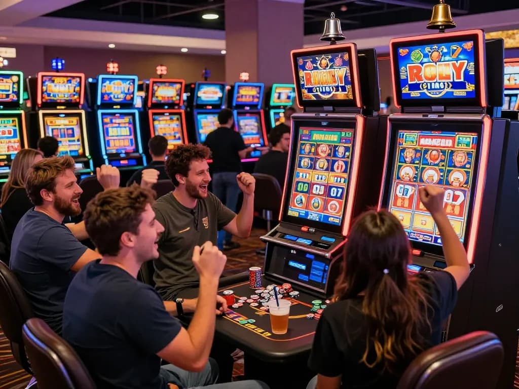 Exciting link slot gaming scene in a vibrant casino filled with players celebrating wins and colorful machines.