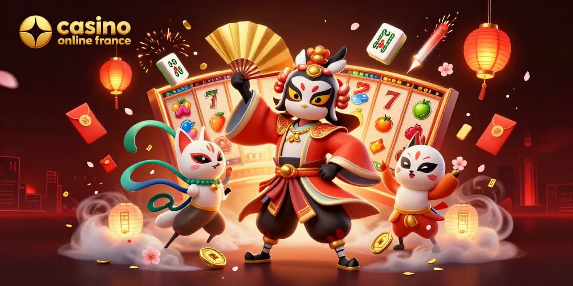 Profitez de l'expérience des jeux avec le casino en ligne en France, incluant des rouleaux de machines à sous et des personnages colorés.