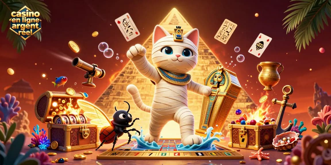 Le casino en ligne argent réel prend vie alors qu'un chat momie égyptien émerge d'un sarcophage, entouré de joyaux et de cartes flottantes.