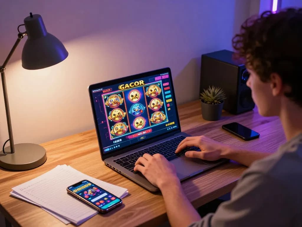Player engaging in slot gacor gameplay online with colorful interface and cozy home office setting.