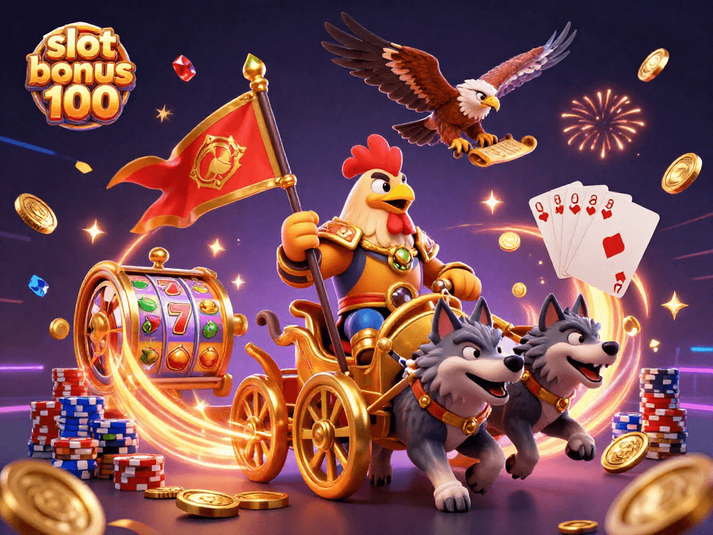 Win big with slot bonus 100 in an energetic 3D casino scene filled with vibrant game elements.