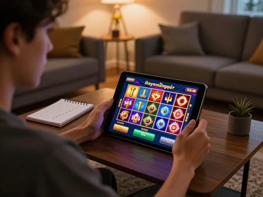 Engaging gamer enjoying สล็อตวอเลท interface on tablet in a cozy living room.