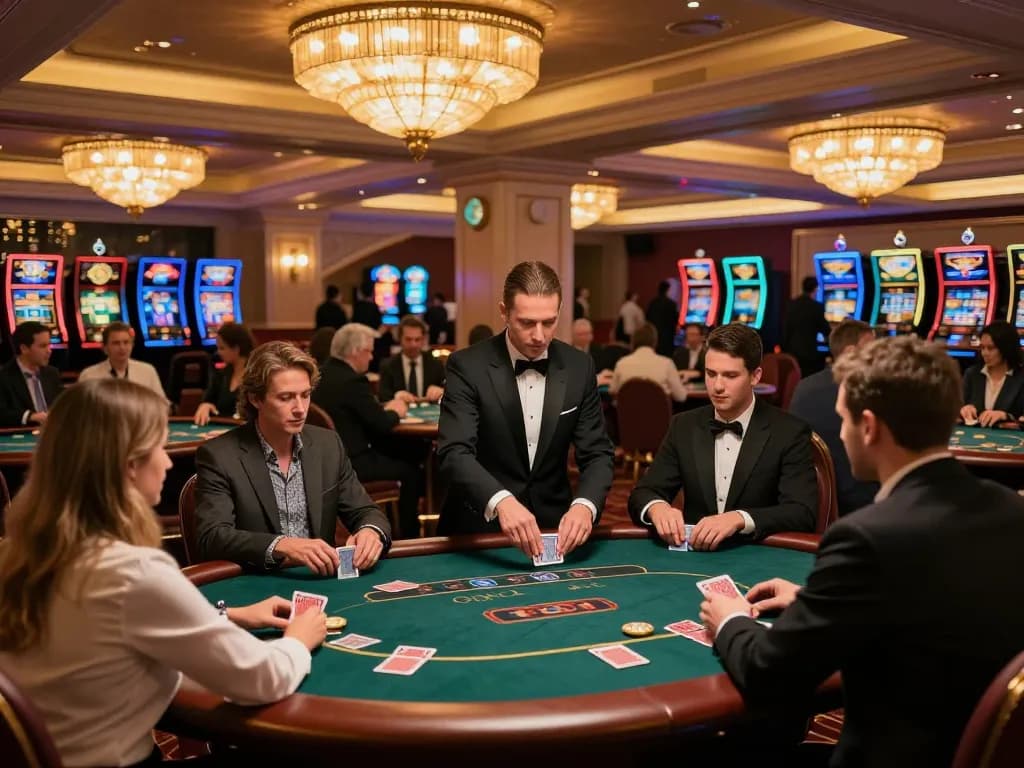 Engaging scene of players at casino tables, focusing on Luật Phạt Đền & Đá Phạt strategies in action during gameplay