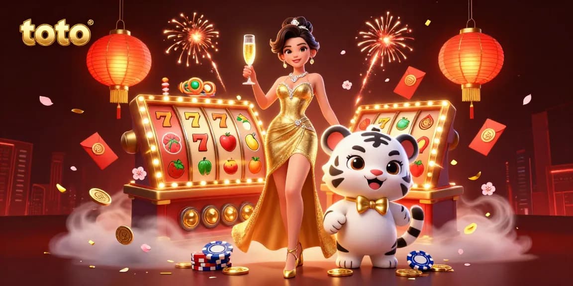 Experience thrilling toto slots with a glamorous woman and a lucky tiger cub surrounded by vibrant casino elements.