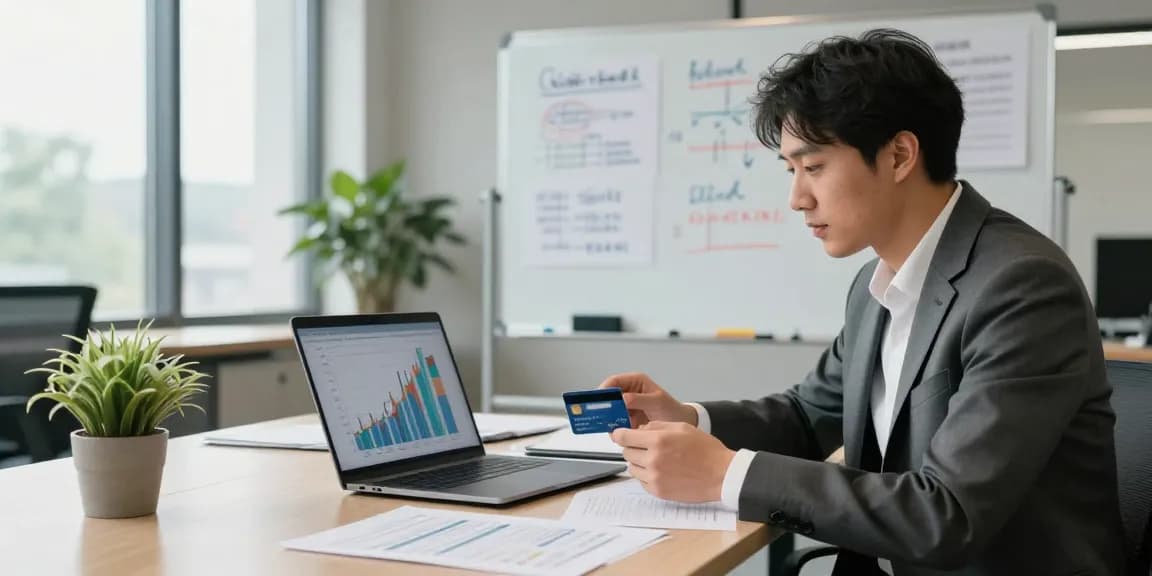 Financial advisor discussing 신용카드현금화 strategies with charts and laptops in modern office.