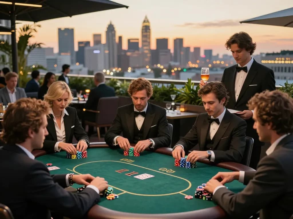 Players engage in an exciting poker game at 388bet's luxurious casino rooftop.