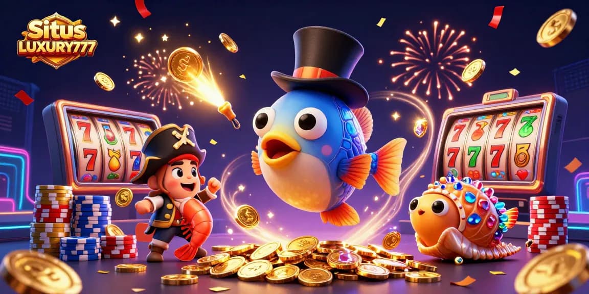 Situs LUXURY777 menarik koin emas dengan ilustrasi ikan pemancing kartun, udang bajak laut, dan siput permata