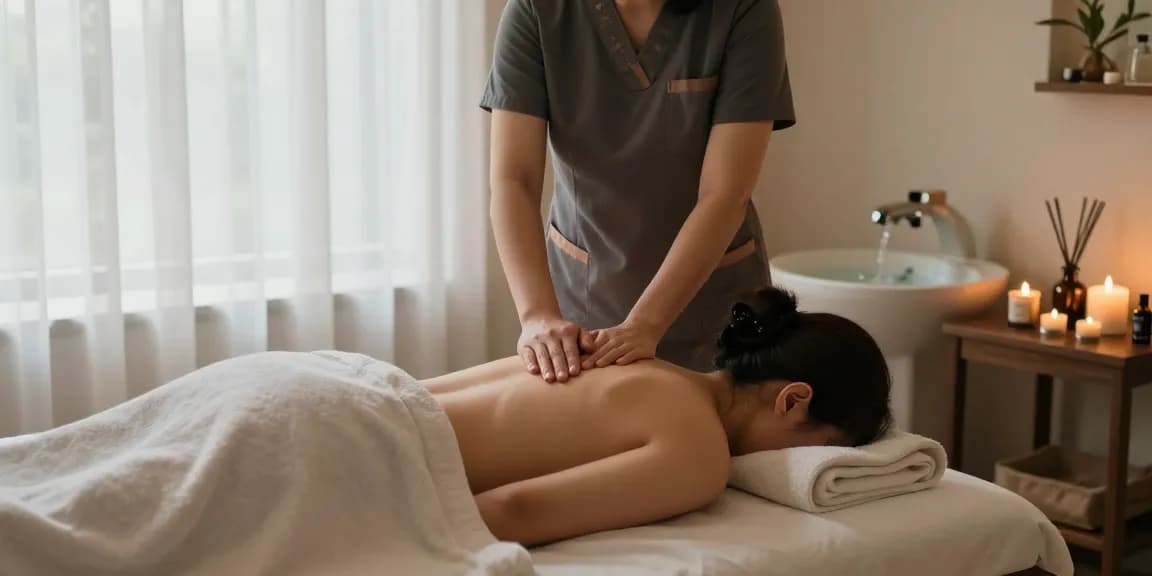 Relaxing 마사지 therapy session in a tranquil room with candles and aromatherapy.