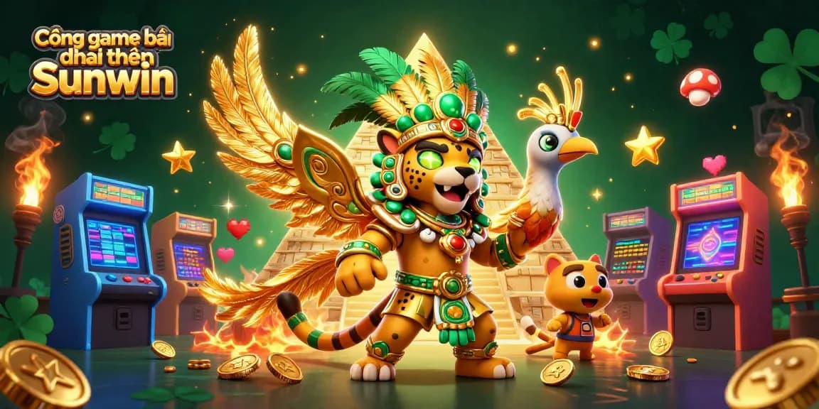 Cổng game bài đổi thưởng Sunwin showcases an engaging scene with a Mayan jaguar priest, game elements, and a mystical background.