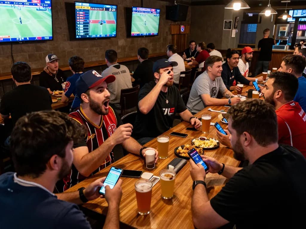 Exciting sports betting scene showing Luật Phạt Đền & Đá Phạt action on multiple screens with enthusiastic fans engaged.