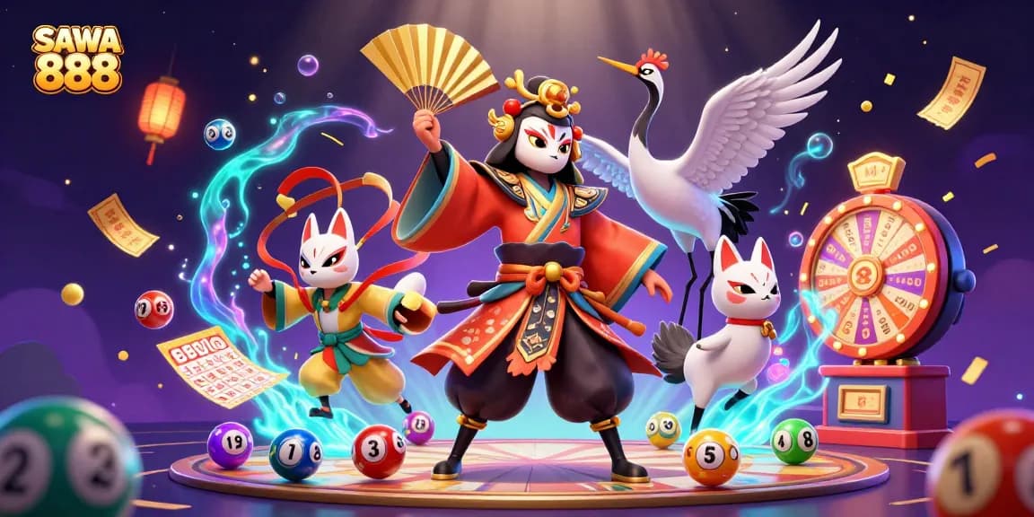Experience thrilling gameplay with SAWA 888 as vibrant lottery balls and prize elements bounce around dynamic characters.