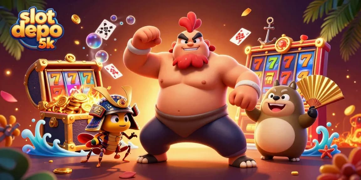 Engage in thrilling gameplay with the vibrant scene featuring slot depo 5k, dynamic slot reels, and casino characters.
