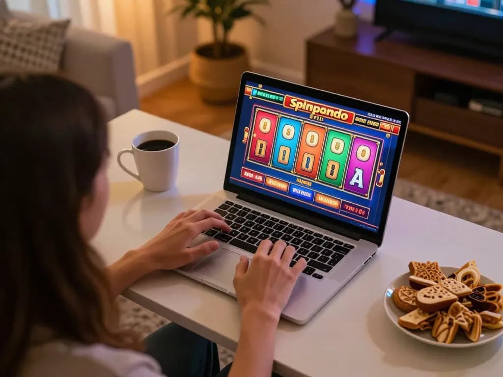 Player engaging in spinpanda spil online slots from cozy home setup with snacks and laptop