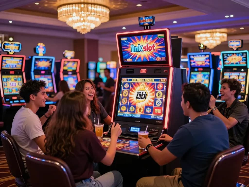 Pemain yang bersemangat merayakan kemenangan jackpot di mesin slot link di lingkungan kasino yang meriah.