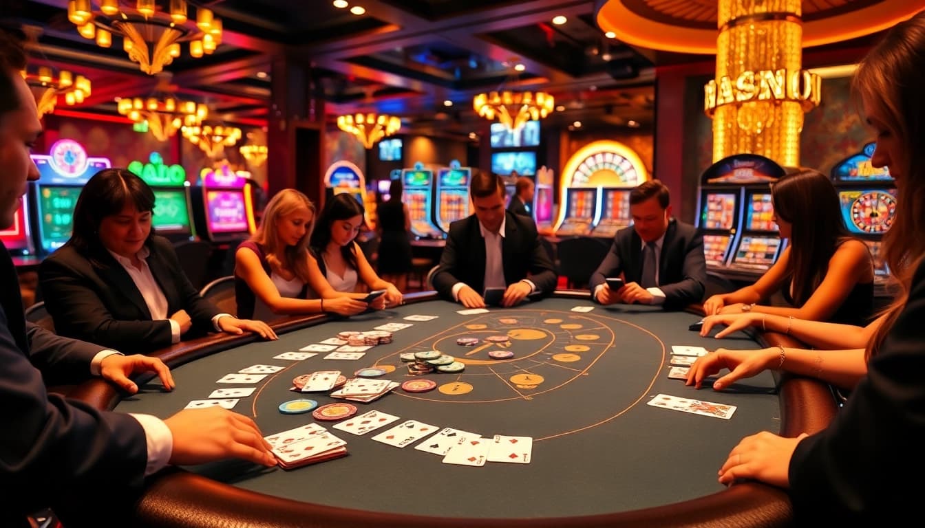 Plongez dans l'atmosphère palpitante de casino en ligne Français à une table de poker virtuelle luxueuse.