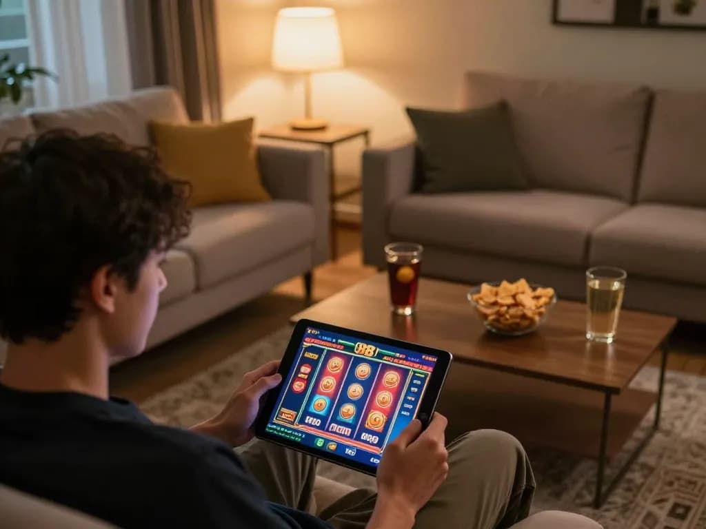 Experience the thrills of w 88 online casino gameplay with a cozy home setup featuring dynamic slot graphics.