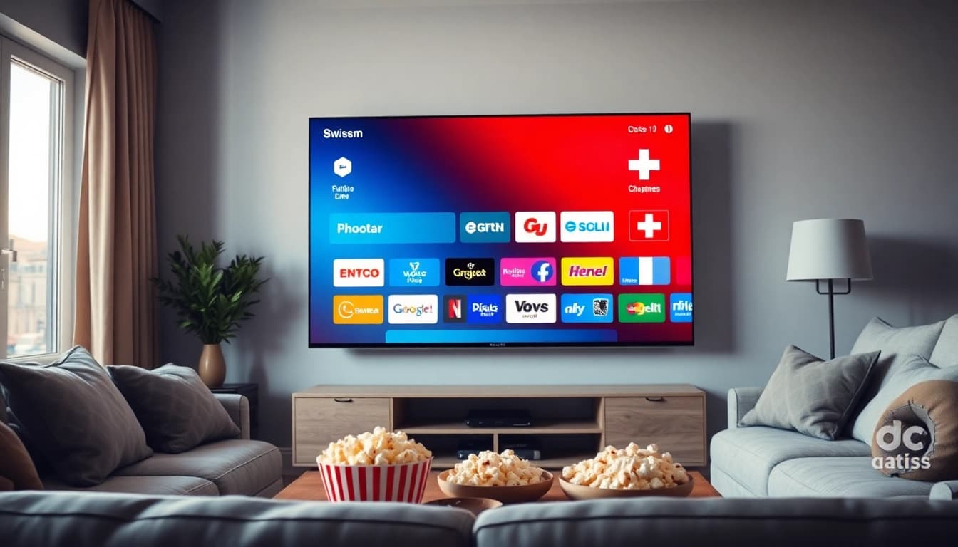 Viewing IPTV Suisse channels on a smart TV in a cozy living room setting with snacks.