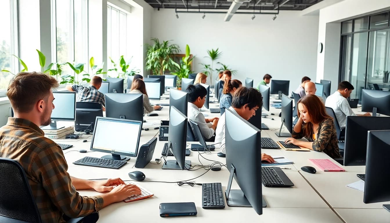 Engaged professionals at a vibrant typing center enhancing productivity and teamwork.