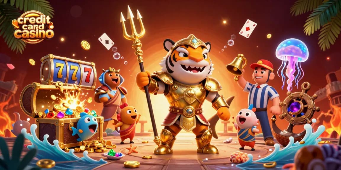 Engage in thrilling gameplay at a credit card casino featuring vibrant characters, slot machines, and colorful treasures.