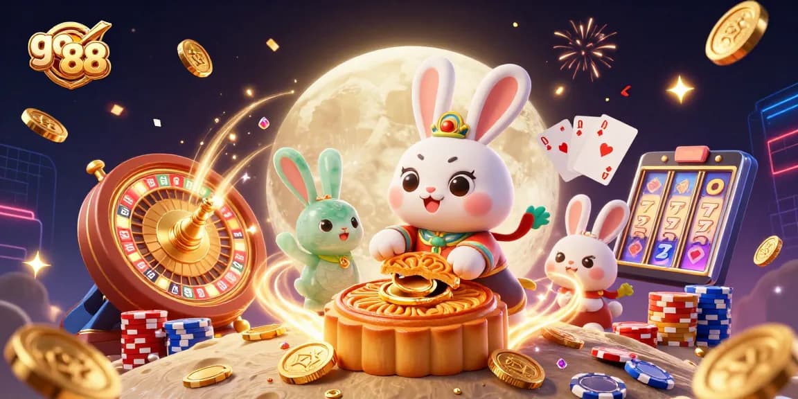 Join the celebration at go 88 with luck-themed mooncakes revealing poker chips amidst festive elements.