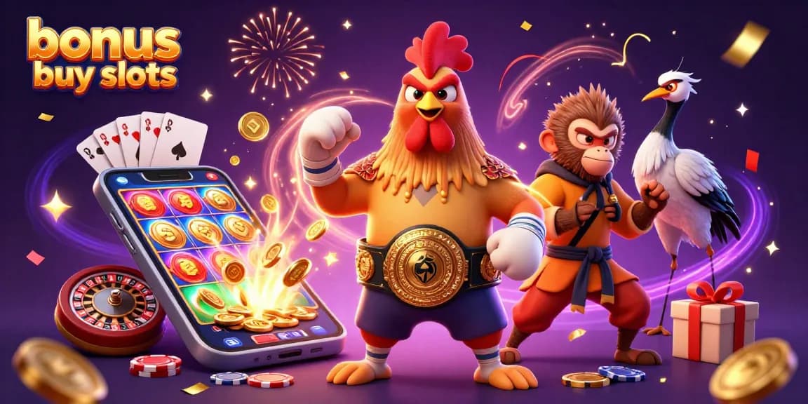 Engage with bonus buy slots amidst a bustling casino scene of colorful characters and dynamic gaming elements.