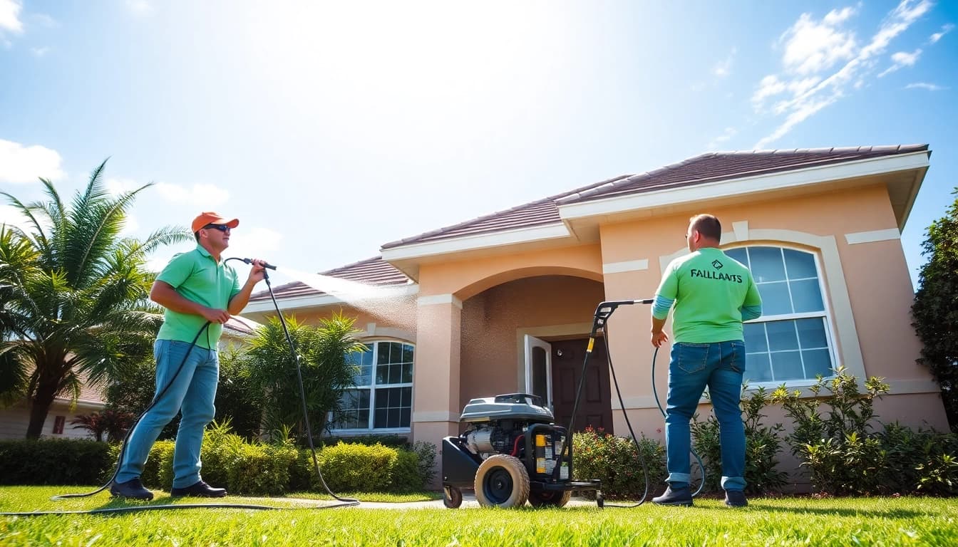 Soft wash team expertly cleaning a residential home in Kissimmee, FL, showcasing eco-friendly exterior cleaning.