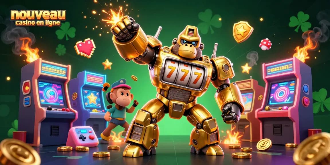 Profitez de l'expérience d'un nouveau casino en ligne avec ce gorille mech doré, entouré de jeux colorés.