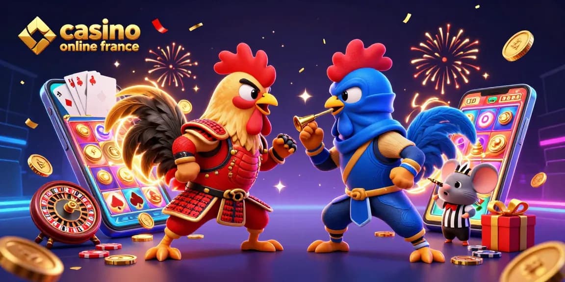 Les combats de coqs animés dans une scène vibrante de casino en ligne en France avec des éléments de jeu
