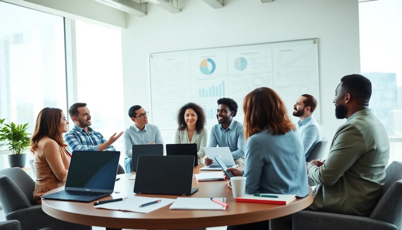 Engaged team in a professional business coaching service session discussing strategy in a bright office.