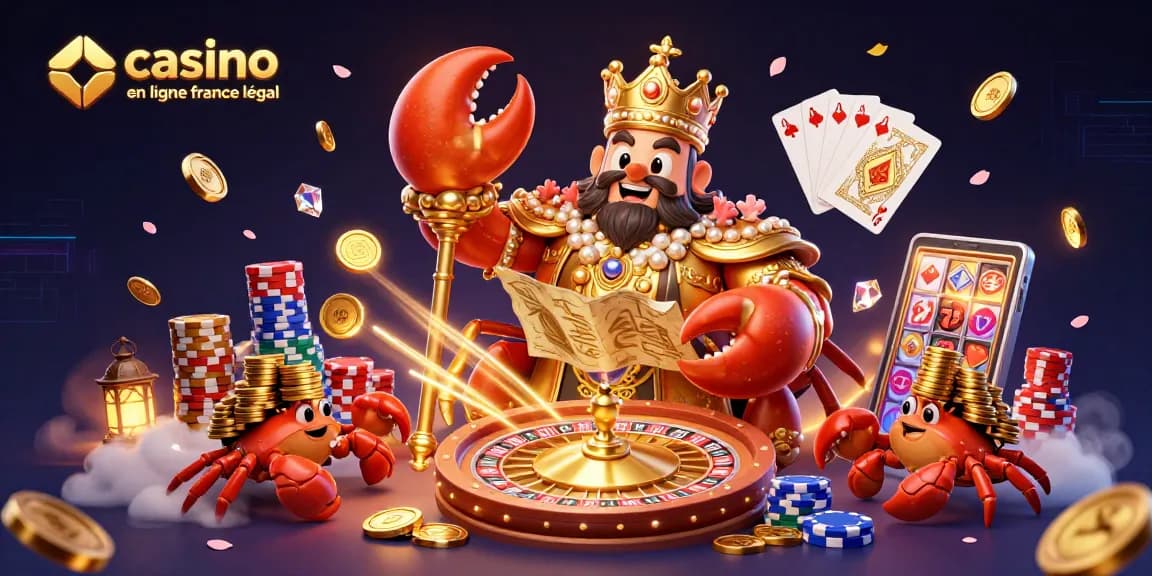 Profitez des jeux dans un casino en ligne france légal avec un crabe en or et des piles de jetons scintillants.