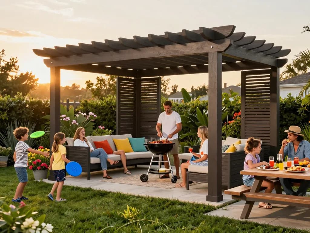 Custom pergola configurator showcased in a vibrant outdoor gathering with family enjoying a barbecue in a lush garden.