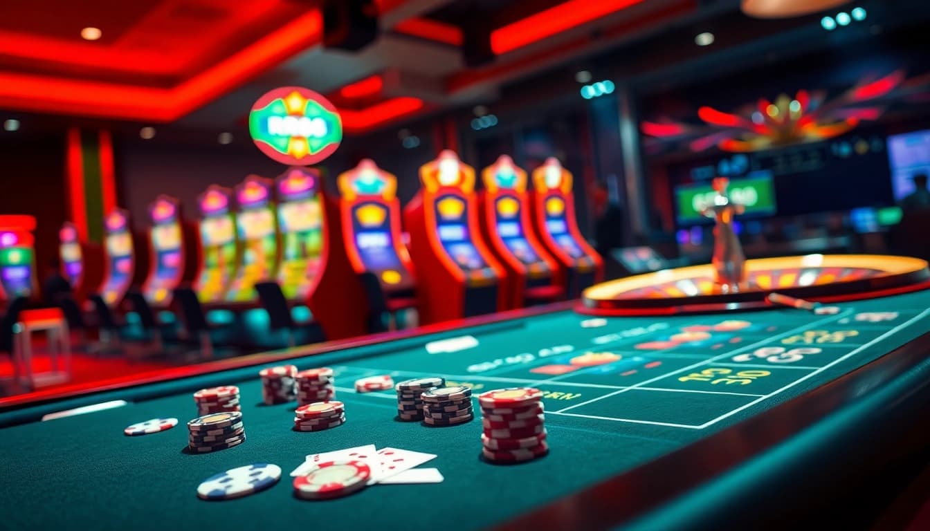 Exciting RR88 online gambling scene with vibrant casino tables and illuminated slot machines.