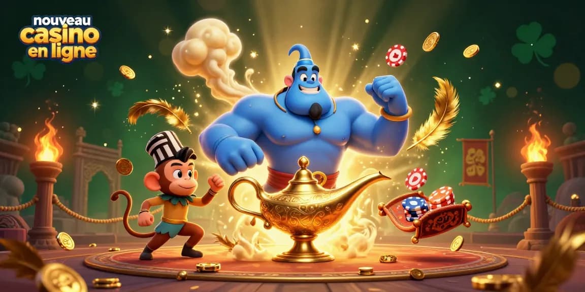 Illustration dynamique de "nouveau casino en ligne" avec un génie, un singe et un tapis volant. Jouez et gagnez!