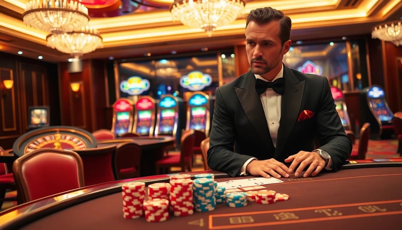 Experience the thrill of the top club casino with vibrant poker tables and illuminated slot machines.