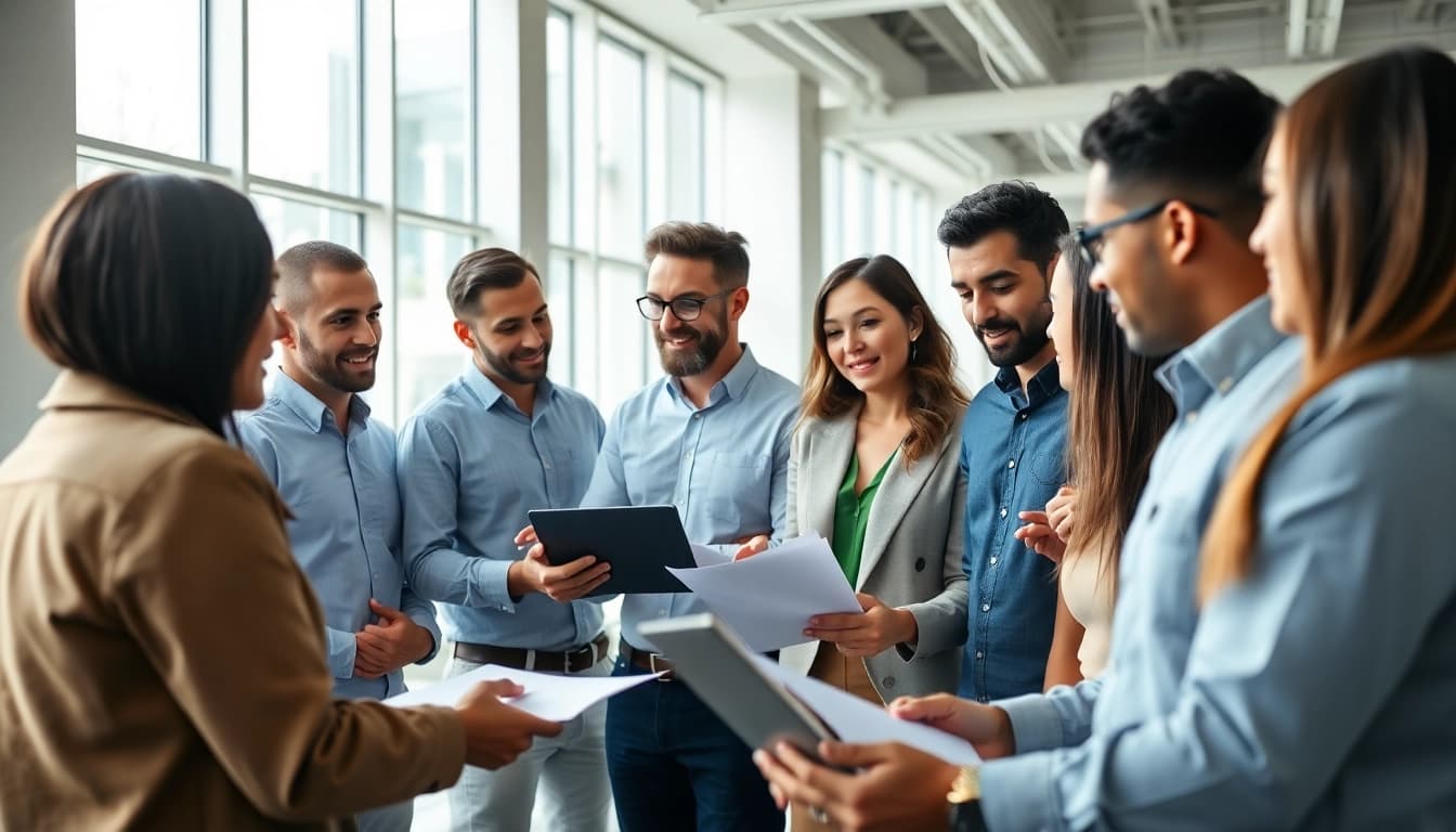 Find 1099 sales reps collaborating in a modern office environment.