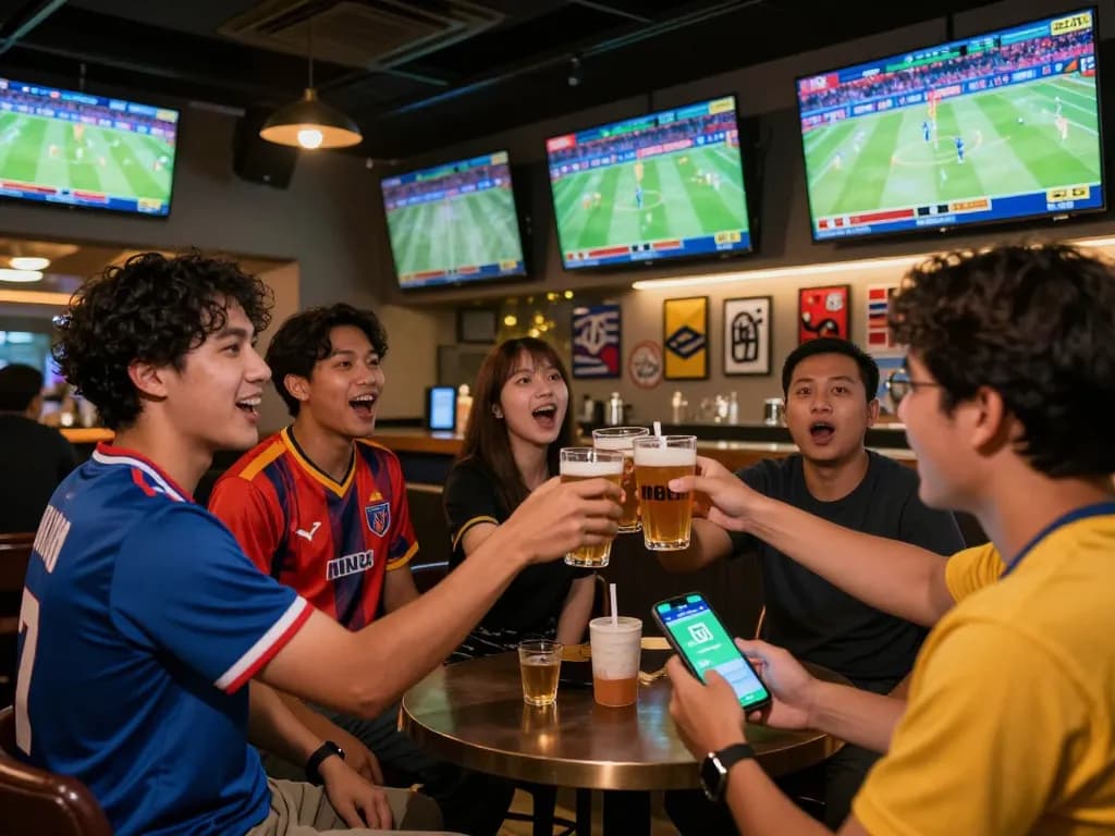 Các fan tham gia cá cược thể thao trên kèo nhà cái m88 bằng smartphone trong không khí sôi động của quán bar thể thao