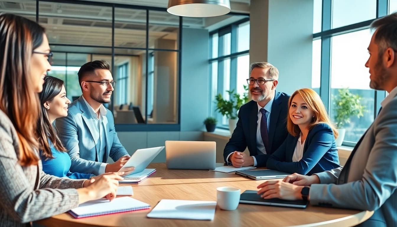 Corporate coach leads a dynamic workshop with executives in a modern office setting.