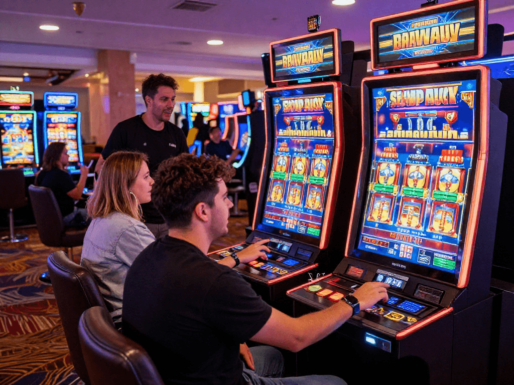 Players enjoying slots where you can buy the bonus in a vibrant casino atmosphere.