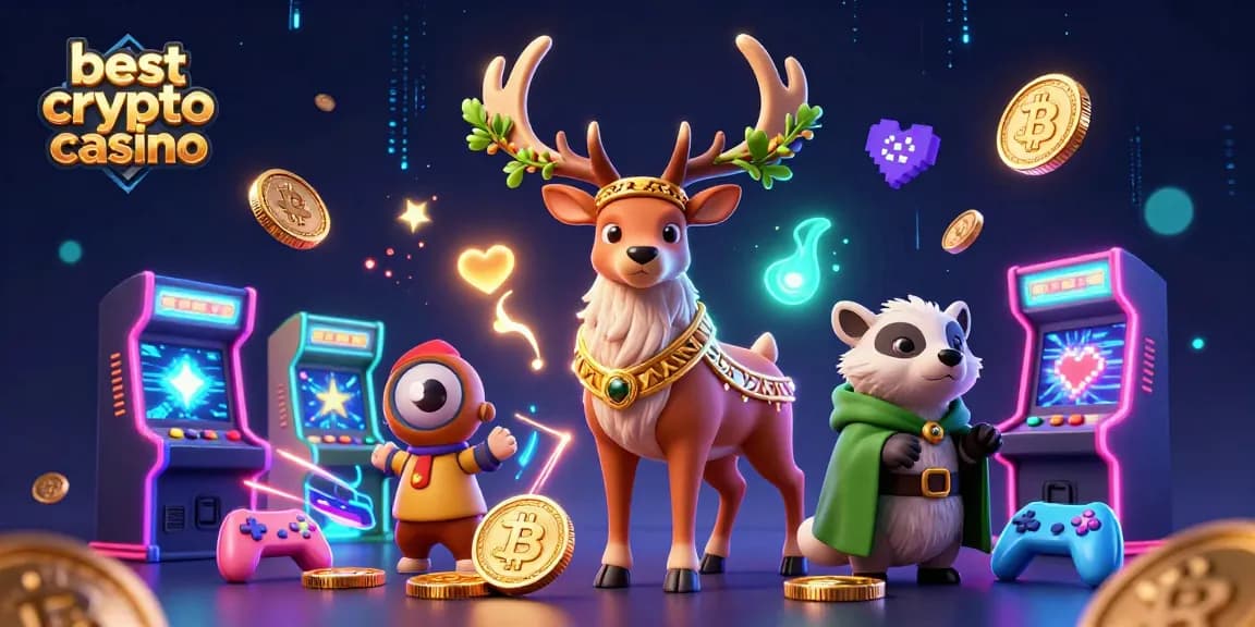 Découvrez le meilleur crypto casino avec une illustration dynamique de personnages fantastiques et des éléments de jeu captivants.