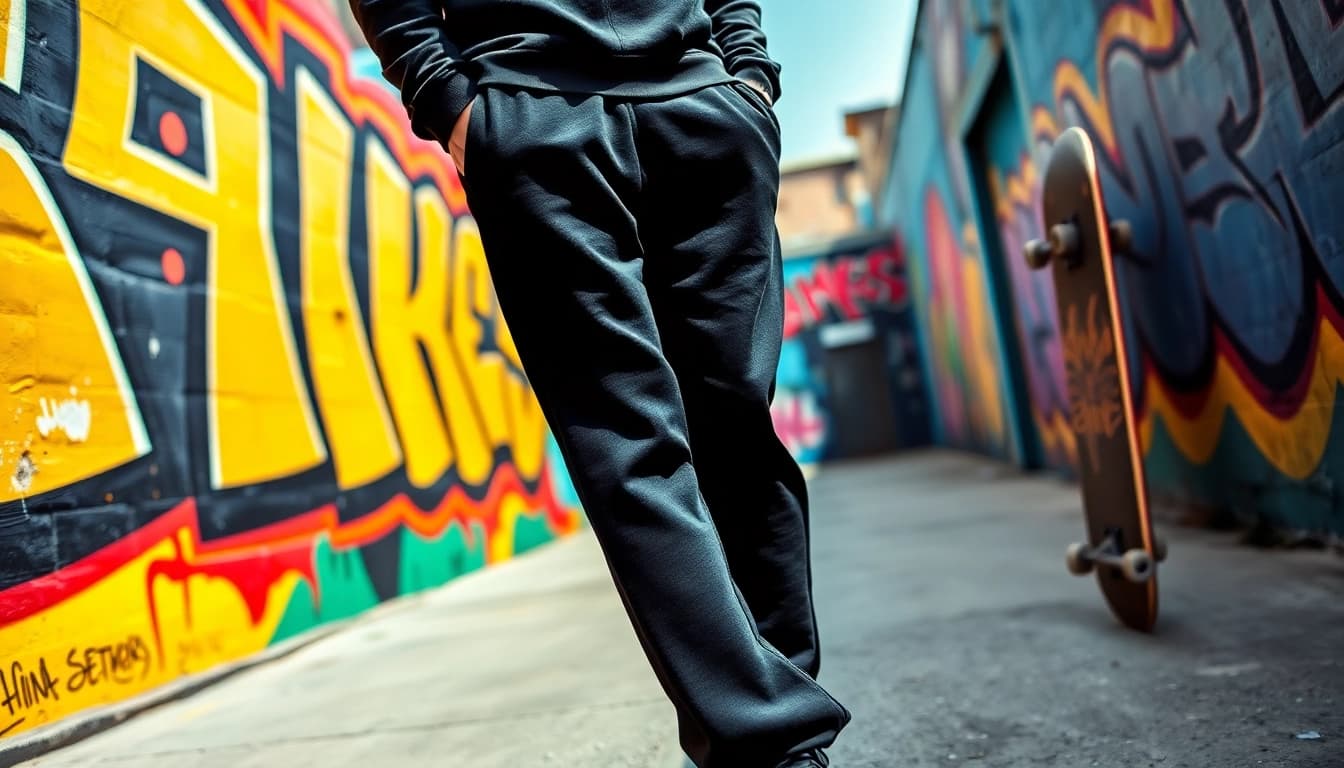 Model showcasing black baggy sweatpants in a vibrant urban environment.