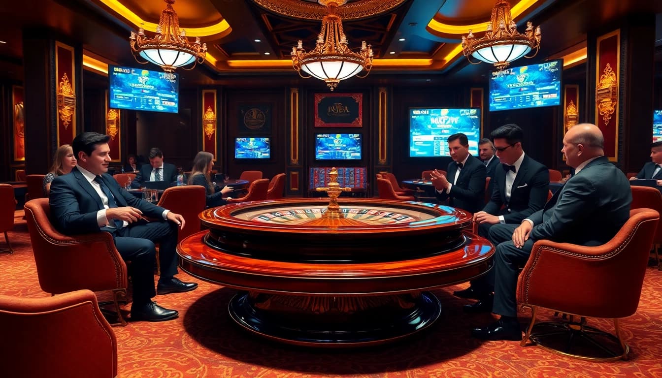 Experience the thrill of betting with 7upbet at a luxurious casino table amidst excitement.