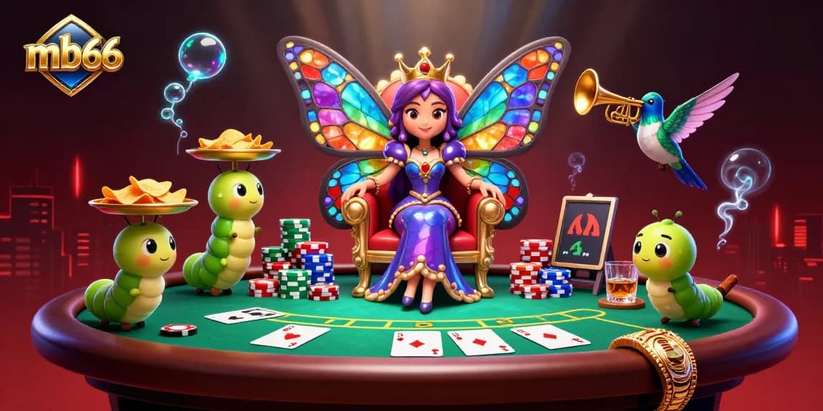 Engage with mb66's casino world, showcasing a vibrant butterfly queen among poker elements.