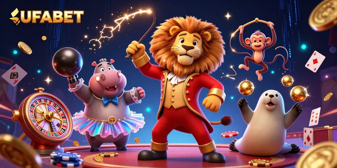 Experience thrilling UFABET gaming with vibrant 3D characters in an exciting casino scene.