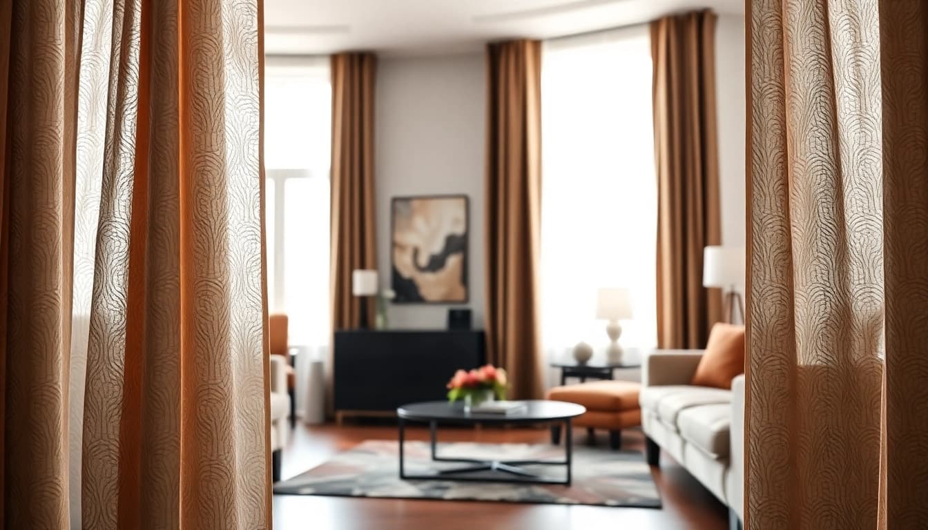 Verduisterende gordijnen in een stijlvolle woonkamer creëren een gezellige sfeer.