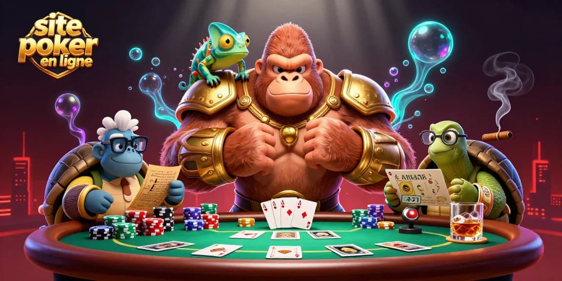 Jouer sur un site poker en ligne avec un roi gorille en armure et un caméléon.