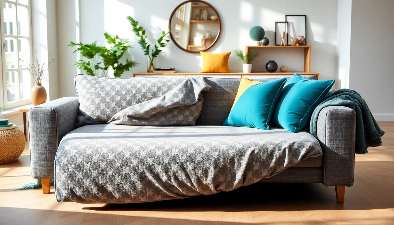 Sofa bed uk in a stylish living room with modern decor and vibrant cushions.