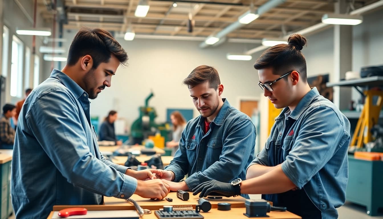 Trade School Knoxville TN students working collaboratively in a vibrant workshop setting.
